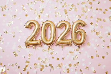 Gold balloons spell out the year 2026 on a pink background with confetti