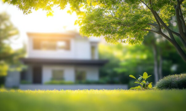 House building blurred background. trees and garden in front of home building, modern house in nature, abstract architecture with green environment concept