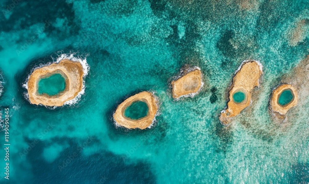 Poster from above aerial view of turquoise ocean water with splashes and foam for abstract natural backgrou