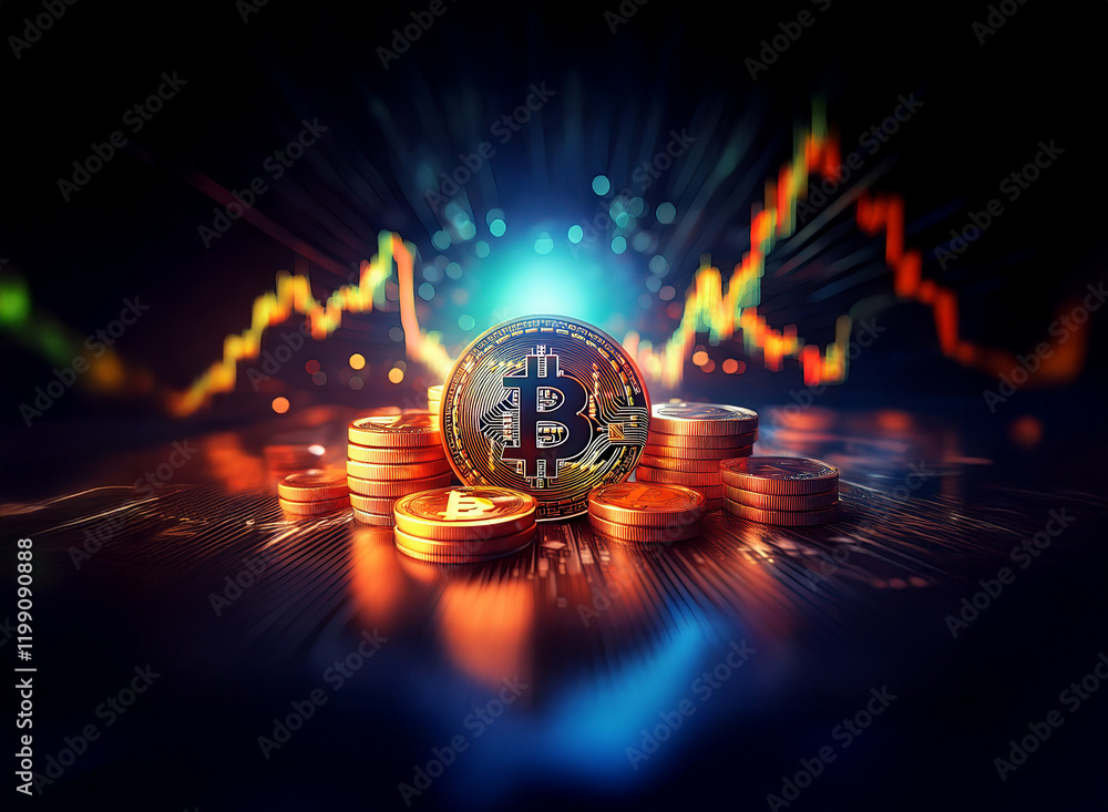 Poster a glowing bitcoin rests atop a stack of coins, set against a dynamic backdrop of fluctuating price c