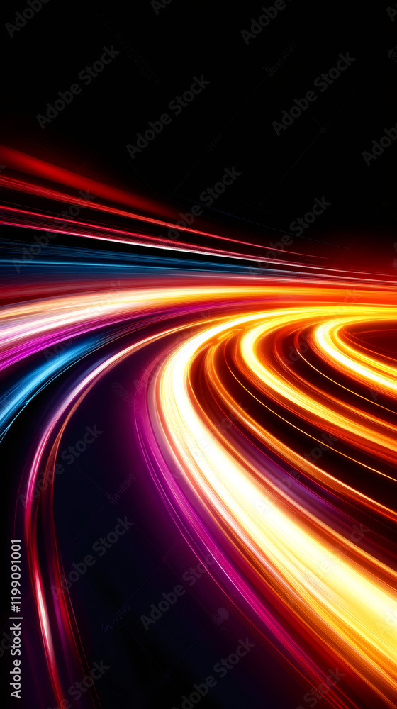 Poster light trails curving dynamically across dark background, representing technological motion and abstr