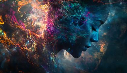 A serene profile of a woman blends seamlessly with cosmic elements and vibrant nebulas, symbolizing the unity of humanity and the universe.