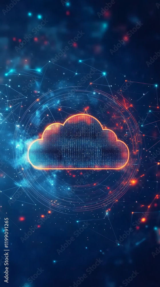 Fototapete Cloud computing and networking concept showing binary code forming a cloud shape with futuristic connections, symbolizing data storage and online services