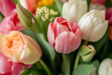 Colorful spring bouquet featuring tulips and roses in soft pastel hues