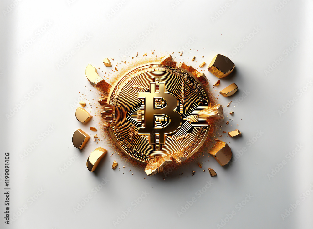 Poster a shattered gold bitcoin coin explodes against a stark white background, symbolizing cryptocurrency 