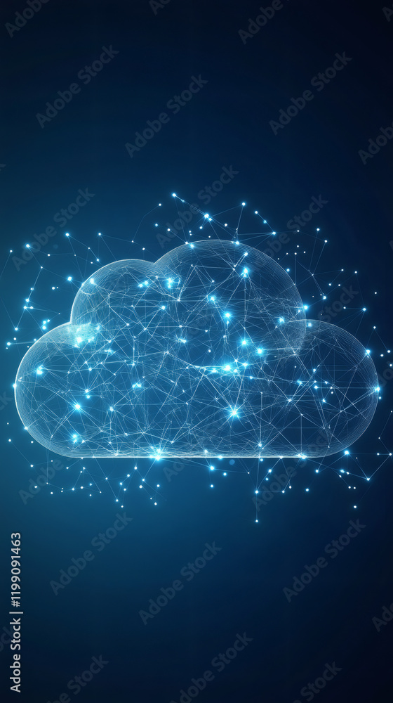 Poster cloud computing network connecting lines and dots forming a cloud, symbolizing data storage and onli