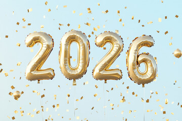 Celebrating the New Year 2026 with golden balloons and confetti