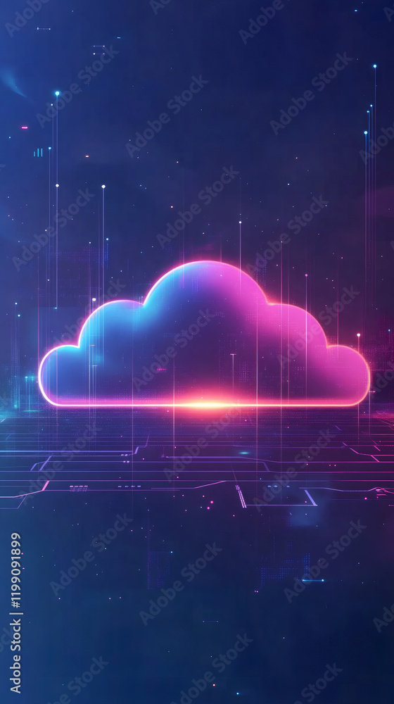 Poster futuristic cloud computing symbol is glowing above a digital motherboard, representing data storage 