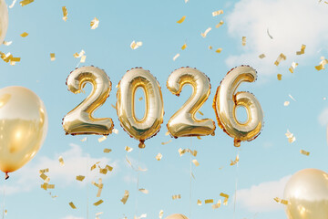Celebration of the new year with golden balloons and confetti in 2026