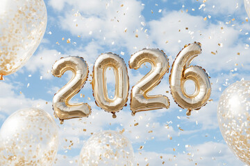 Celebration of the New Year 2026 with balloons and shimmering confetti