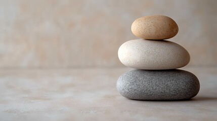 Balanced stones, beige background, zen concept, serenity, wellness