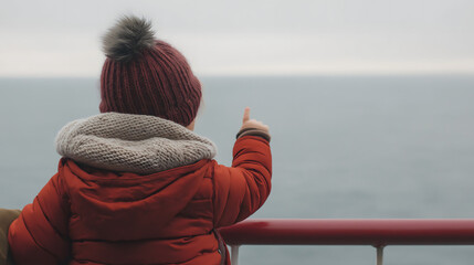 Child in a Vermilion Jacket, Pointing at the Ocean with Wonder, Exploring a Chilly Seascape on a Family Vacation and Embracing the Joy of Adventure