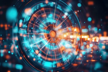 Obraz premium Futuristic Abstract Digital Background with Bright Circular Patterns and Light Trails on a Dark Backdrop for Technology and Innovation Themes
