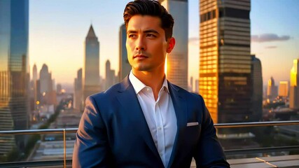 Confident Businessman Posing Against a Golden Cityscape