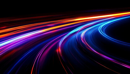 A dynamic display of curved neon light trails in vibrant hues of blue, purple, pink, and orange set against a black background. The arcs of light suggest speed and motion, futuristic and energetic bg.