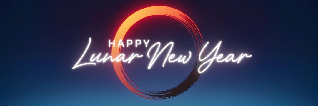 A creative minimalist 3D render of a neon theme Lunar New Year poster design. There's a large, glowing red circle with a black stroke, symbolizing the Lunar New Year. 