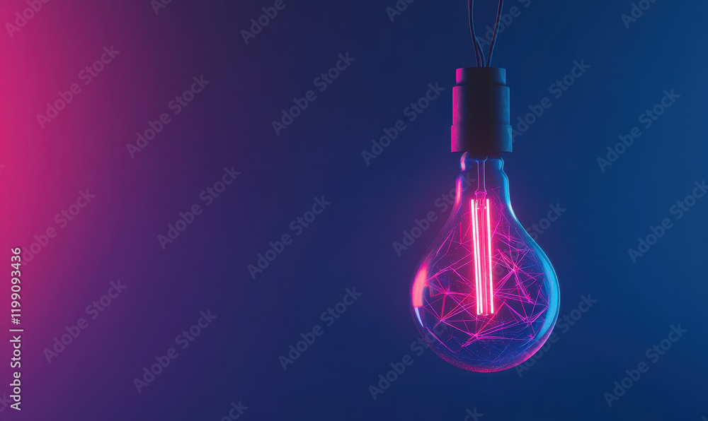 Poster mesmerizing neon light bulb on gradient background: a vibrant display of modern design and technolog