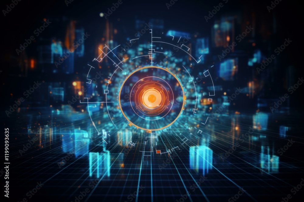 Poster futuristic hud element visualizing digital city skyline with glowing lines, circles, and data stream