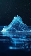 Low poly mountain emerging from dark waters, illuminated by glowing lines against starry night sky, rendering futuristic mystic landscape