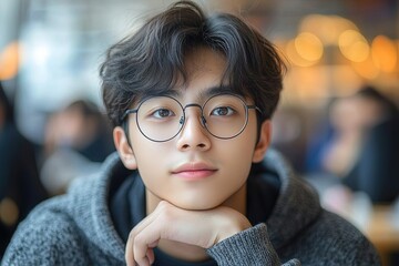 A young person with glasses, resting chin on hand, gazes thoughtfully in a cozy setting.