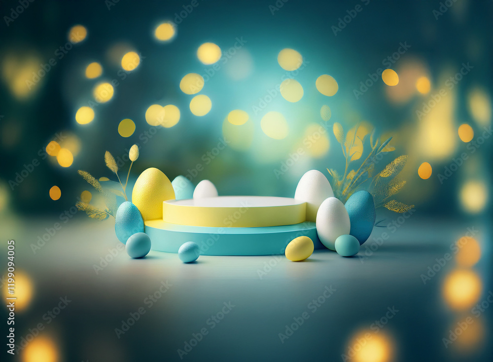 Poster pastel easter eggs surround a two-tiered display stand against a bokeh background. spring-like, fest