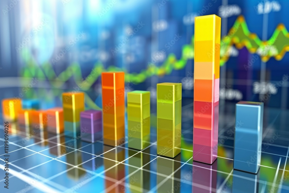 Poster growing colorful bar graph reflecting on a digital screen with market analysis data in background