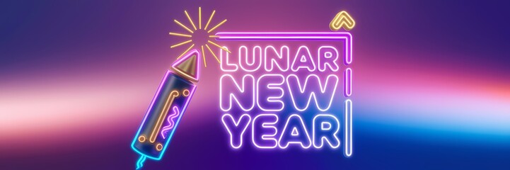 A 3D render of a creative minimalist Lunar New Year poster with a neon theme. There is a large firecracker with a lit fuse. The text "Lunar New Year" is written in bold, cursive letters. 