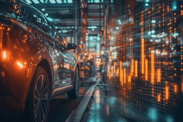 Futuristic Automotive Manufacturing Environment with Data Visualization and Car Assembly Line in Motion, Showcasing Modern Technology Integration in Industry
