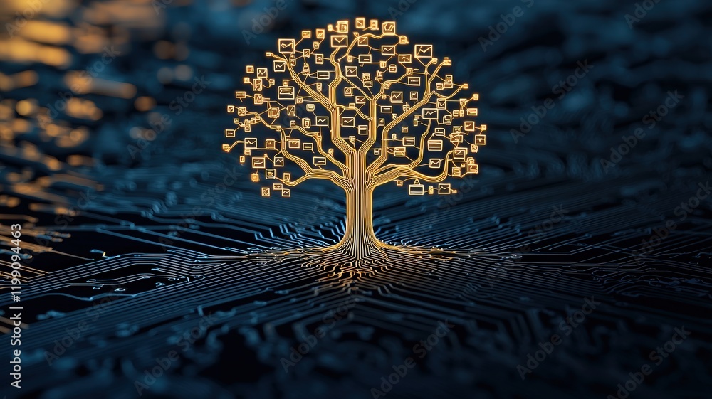 Poster pension security risk concept. digital tree design symbolizing technology and connectivity on a circ