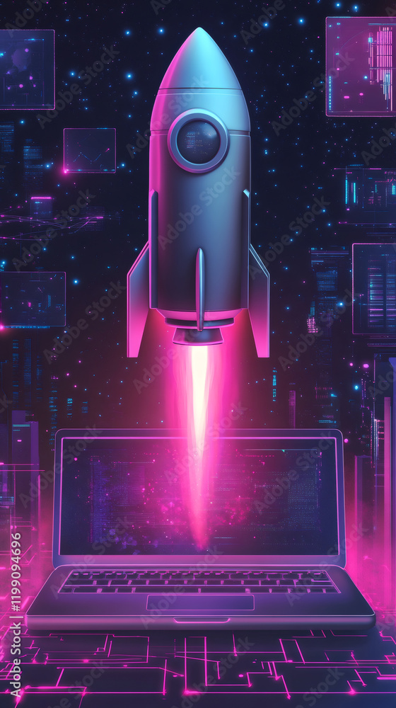 Poster spaceship launching from a laptop screen filled with code and data analysis, symbolizing technologic