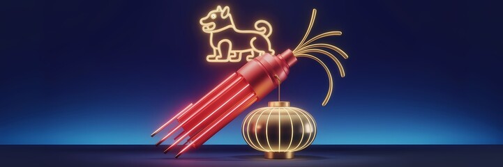 A 3D render of a creative minimalist Lunar New Year poster with a neon theme. The design features a large, glowing red firecracker with a fuse. 