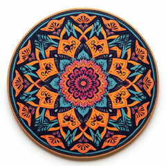 Round Mandala Design Orange Teal Ethnic Pattern Wooden Coaster