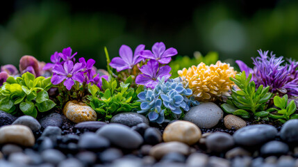 Colorful flowers and small stones arranged in a decorative outdoor garden