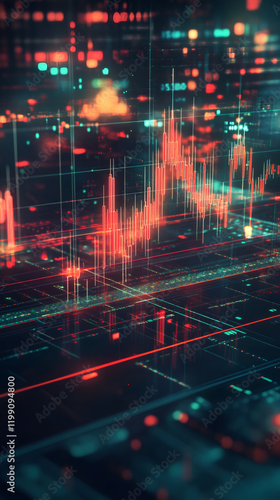 Aufkleber Financial data processing and stock market analysis displayed on a computer screen with glowing red candlestick chart and code