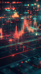 Obraz premium Financial data processing and stock market analysis displayed on a computer screen with glowing red candlestick chart and code