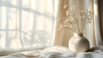 Dried flowers in vase, sunlit window, fabric, calm interior, home decor