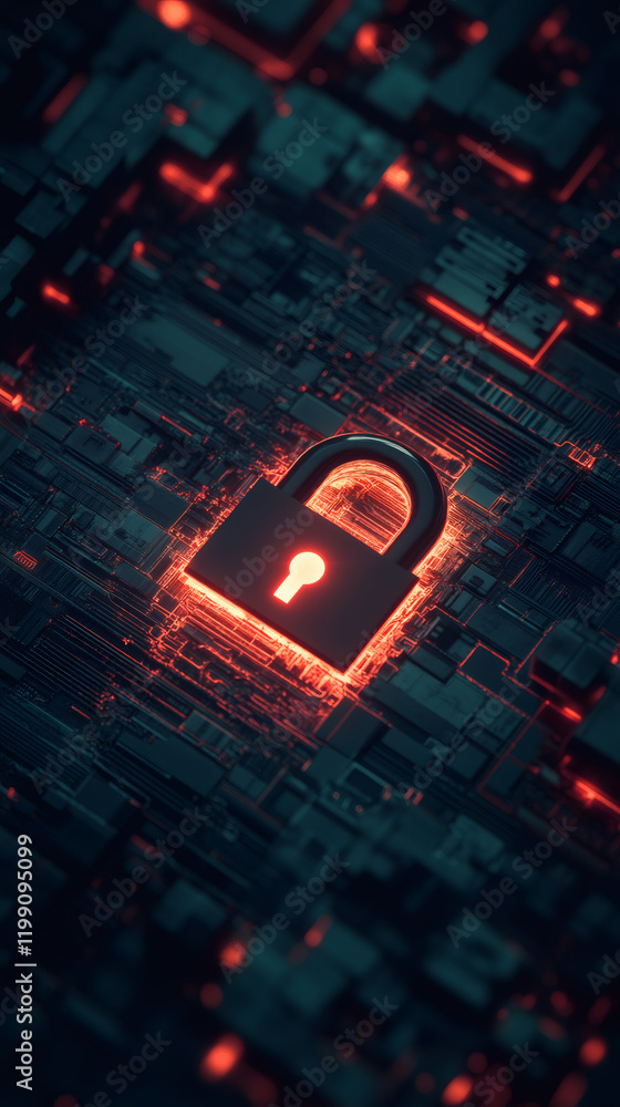Poster red glowing padlock symbolizes cybersecurity and data protection on dark circuit board, representing