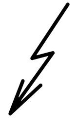 Arrow - high voltage. Danger. Sketch. Black zigzag arrow pointing down. Hand drawn pointer. Vector illustration. Outline on isolated white background. Doodle style. Idea for web design.