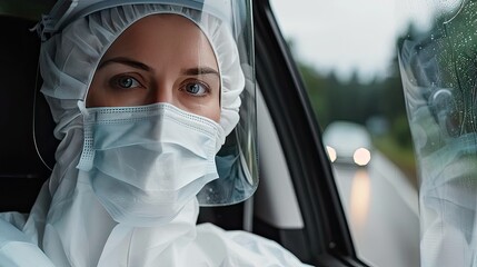 A dedicated cleaning professional wearing protective clothing and a mask looks determined while thoroughly sanitizing the inside of a car