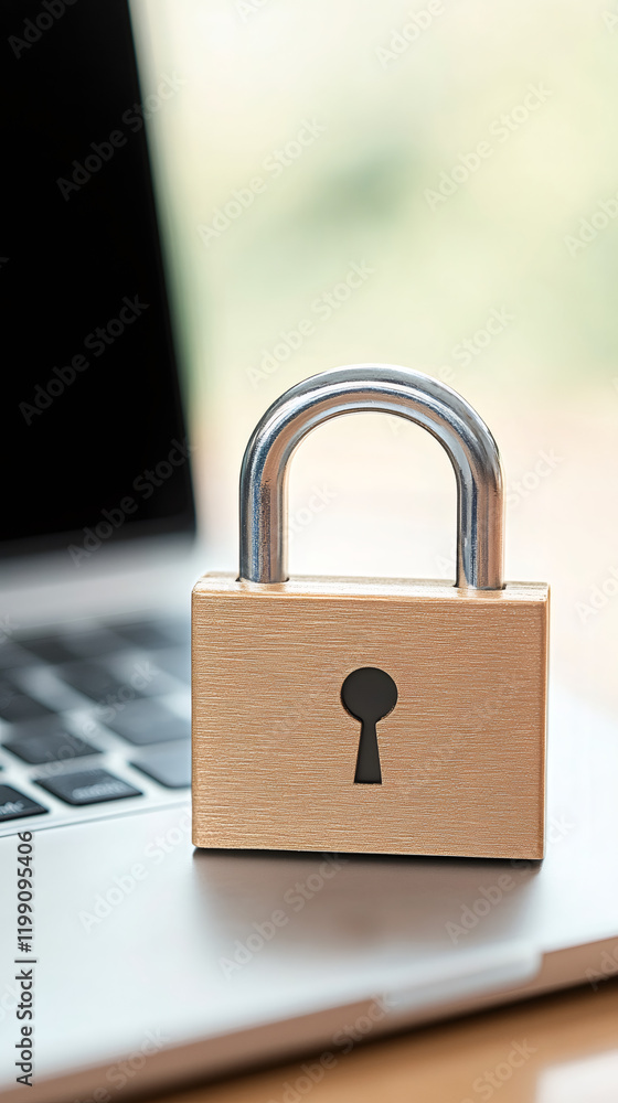Poster closed padlock resting on laptop keyboard representing cybersecurity and digital privacy