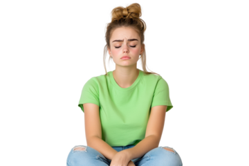 Upset young woman sitting cross legged in green t-shirt, isolated on transparent background