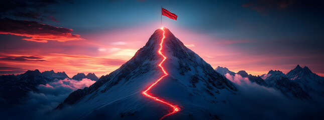 Concept of step-by-step achievement of goals. Glowing path leading to success and achievements concept with flag on peak of mountain. Ad poster for business the presentation.