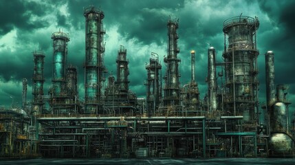 A D render of an eco-industrial zone on a radiant green backdrop, futuristic and green