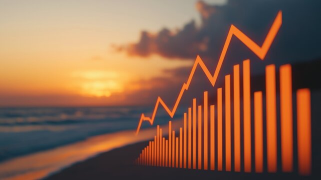 pension security risk concept. Graphical representation of growth overlaid on a sunset beach scene, symbolizing progress and success. - Powered by Adobe