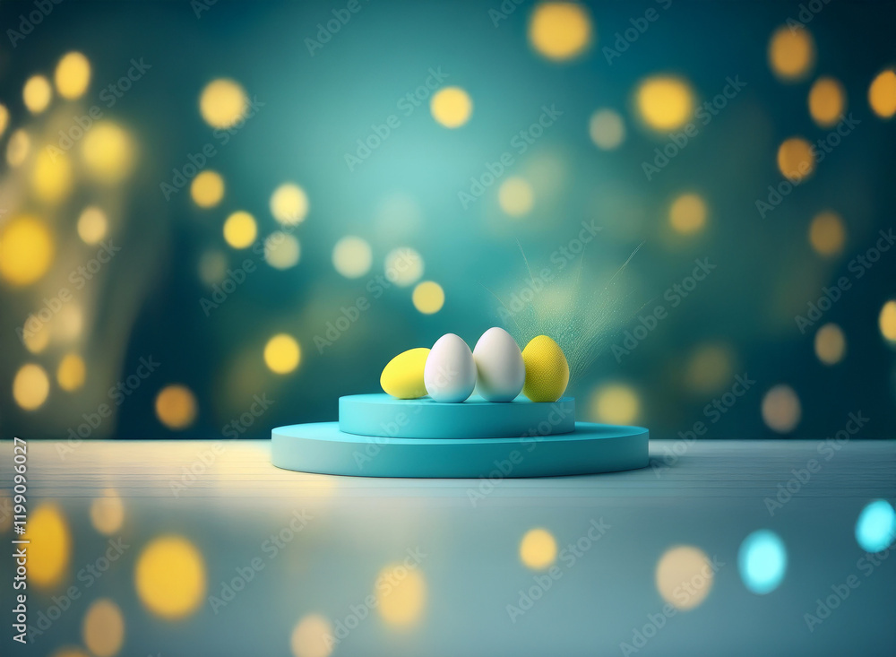 Poster three pastel eggs rest on a teal platform against a bokeh background of yellow and blue lights. a sp