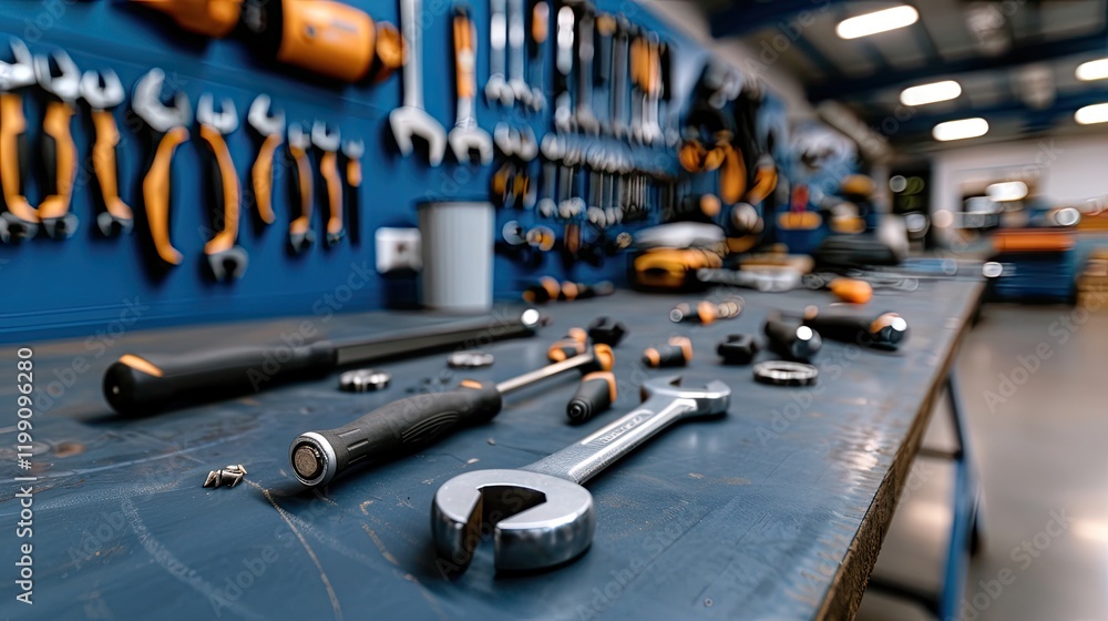 Poster close-up view of a contemporary garage showing a wooden workbench filled with various tools. the wal