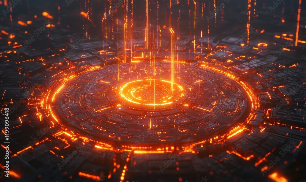 Poster futuristic digital circuit board with glowing orange lines and connections, representing advanced te