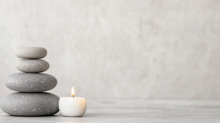 Stacked stones beside a lit candle on a minimalist surface