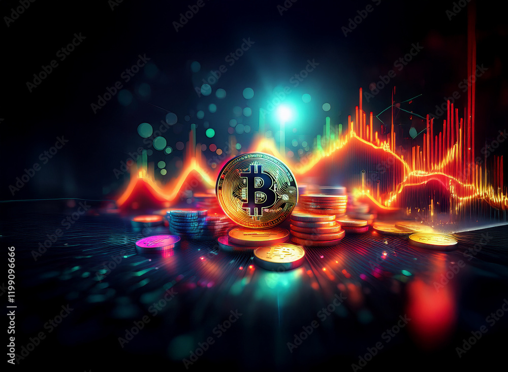 Poster glowing bitcoin rests atop a stack of coins, set against a vibrant backdrop of dynamic price charts.