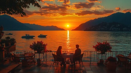 Fototapeta premium A romantic sunset dinner by the lake with two people enjoying the view and ambiance.